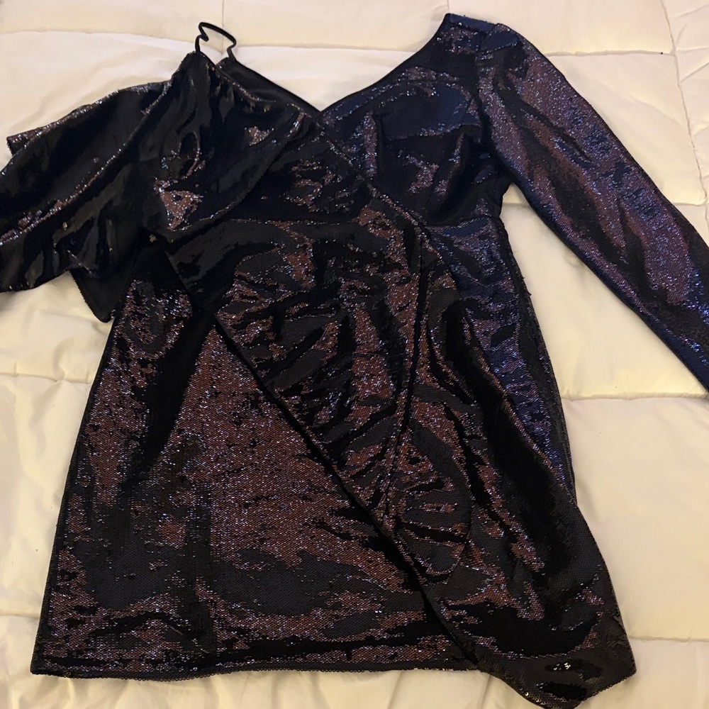 Diane Von Furstenberg Iridescent Purple-Black One-Shoulder Sequin Mini Dress